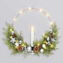 Christmas Wreath, Christmas Silver Hoop Wreaths with Lights, 16inch Christmas Wreath for Front Door with Flameless Candle, for Christmas Xams Wall Decorations, Modern Mantle Decor Gift