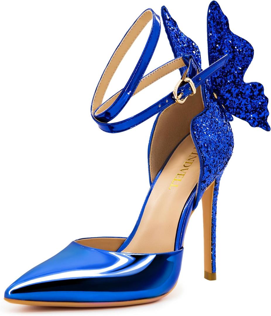Gold High Heels Butterfly Back Sexy Stiletto Pumps Closed Toe Sparkly Ankle Strap Heels Sandals Dress Shoes for Women (9, Blue)