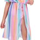 Girls Bikini Set 3 Piece - Striped Multicolored Swimsuit with Quick Dry Cover Up - Bathing Suit for Kids 6-14 Years