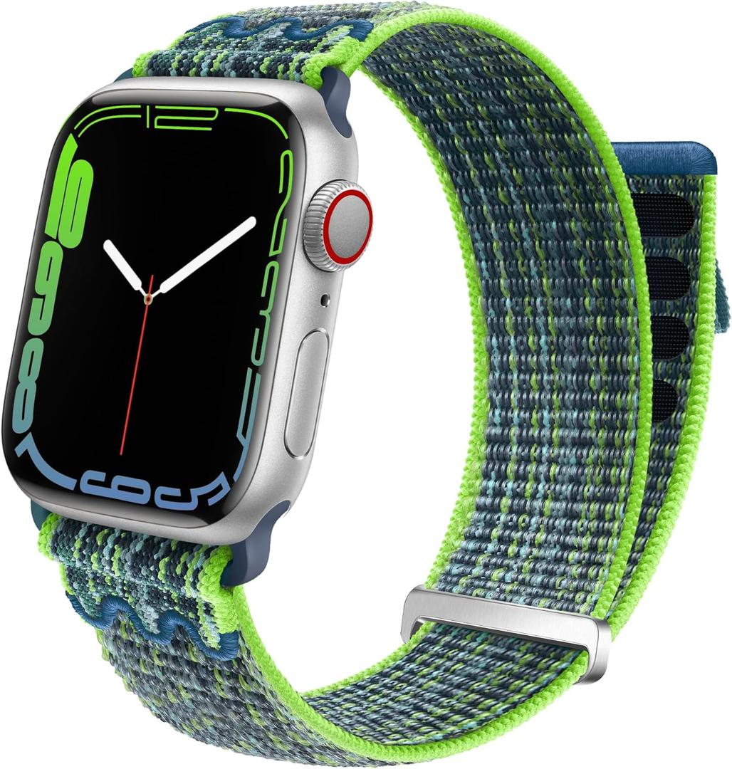 Sport Loop Nylon Band Compatible with Apple Watch Band 38mm 40mm 41mm 42mm 44mm 45mm 49mm Ultra 2 iWatch Series 9 8 7 6 SE 5 4 3 2 1 Strap, Fit for iPhone Watch Band Women Men Stretchy (Bright Green Blue)