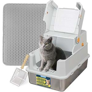 TENTIZON Stainless Steel Cat Litter Box with Lid, Large Covered Enclosed Kitty Litterbox with Hood, Flip Top, High Side, Litter Mat, Scoop for Big Cats, Kitten, No Odor, No Mess, Easy Clean, Grey (XL)