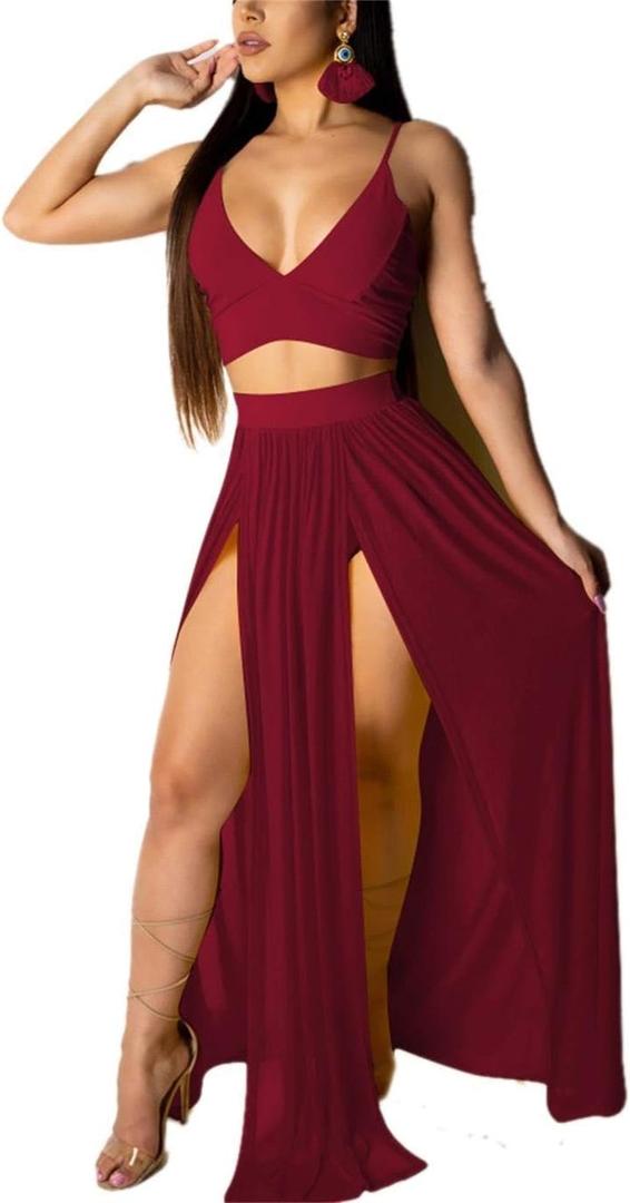 EOSIEDUR Women's Chiffon Bohemian Floral Printed 2 Piece Sets Crop Cami Top & Split Beach Party Maxi Dress, L