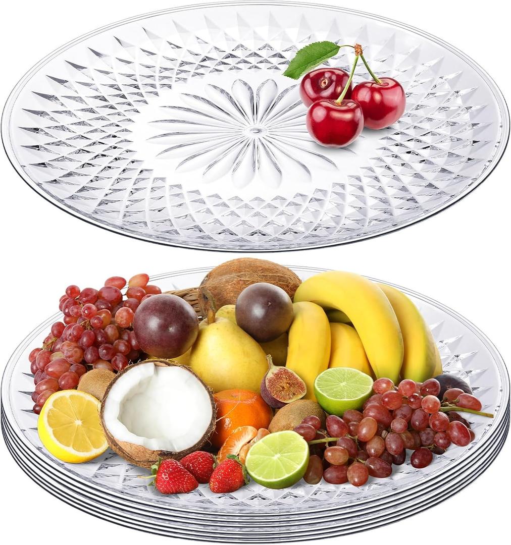 Fumete 6 Pcs Round Plastic Serving Platters Clear Plastic Serving Tray Acrylic Crystal Flan Plates for Food Cake Cookie Fruits Birthday Wedding Party Supplies(14 Inch)