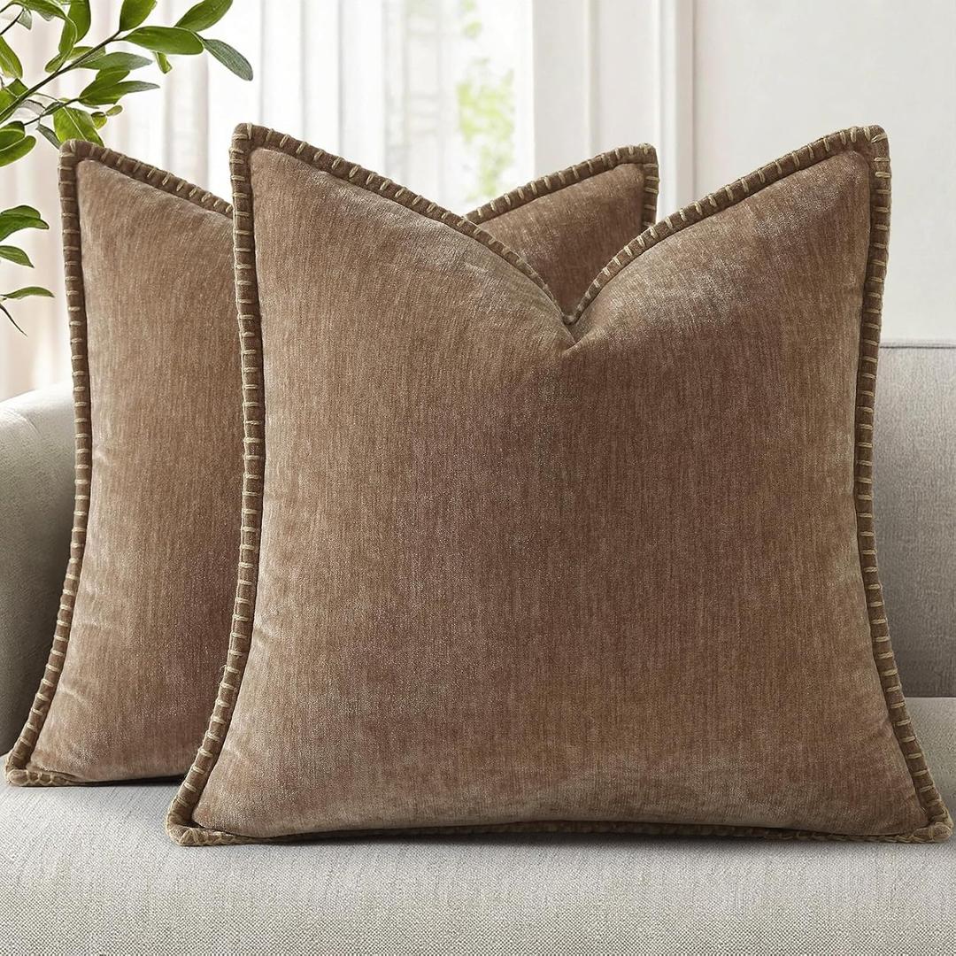 decorUhome Chenille Soft Cozy Throw Pillow Covers 20x20 Set of 2, Modern Farmhouse Boho Velvet Decorative Pillow Cases with Stitched Edge for Couch Sofa Bed Home Decor, Brown