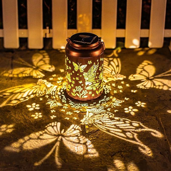 Fairy Solar Lanterns Outdoor Waterproof,Hanging Butterfly Lights Mothers Day Gifts for Women Mom Grandma Hollow Out Metal Lantern Decorative Summer Garden Decor for Patio,Yard,Porch,Pathway