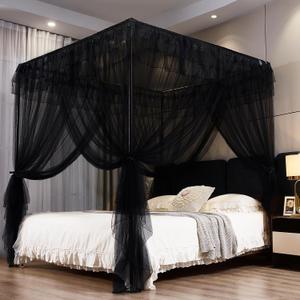 Kertnic Black Canopy Bed Curtains for Girls & Adults, Queen King Bed Canopy Drapes Netting, Practical Mosquito Net for Bed (Queen-64 W*78" L*82"*H)