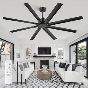 ZMISHIBO 72 Inch Ceiling Fan No Light, Large Black Ceiling Fan with Remote, Quiet DC Motor, and 6 Speeds, Indoor/Outdoor Industrial Ceiling Fans 8 Aluminum Blades for Patio, Garage, Shop, Black