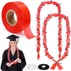 Candy Lei Tubing 2 Inch x 1000 ft Graduation Candy Lei Making Kit Class of 2025 Congrats Grad Poly Tubing 2 Rolls Ribbon Dessert Filler for DIY Graduation Wreaths Packing Snacks Gift(Red)