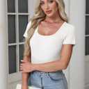 Women's Short Sleeve Tops Casual Scoop Neck Ribbed Knit Slim Fitted Basic Tee Shirts 2025 Summer Trendy Outfits (White, M)