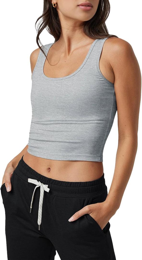 Fioboc Cropped Tank Tops for Women Sleeveless Scoop Neck Workout Crop Tops Breathable Slim Fit Yoga Gym Activewear Shirt Light Gray (Gray, S)