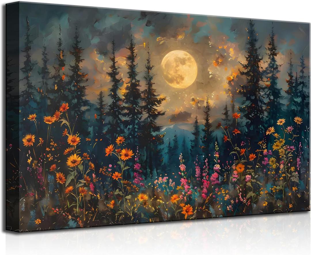 KecKoth Full Moon Forest Canvas Wall Art Size: 36"L x 24"W Mountains and Wildflowers Landscape Picture Wall Decor Poster Print Artwork for Bedroom Living Room