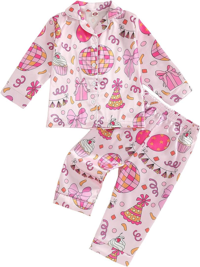 Kuriozud Toddler Kids Little Girls Birthday Satin Silk Pajamas Long Sleeve Button Down Sleepwear Winter Pjs Set Nightgown (Pink) Size 80