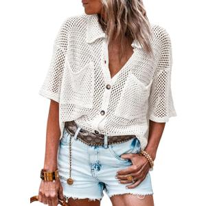 Fisoew Womens Crochet Lightweight Cardigan Sweaters Short Sleeve Summer Button Down Collared Loose Cover Up Shirts (Small, White)