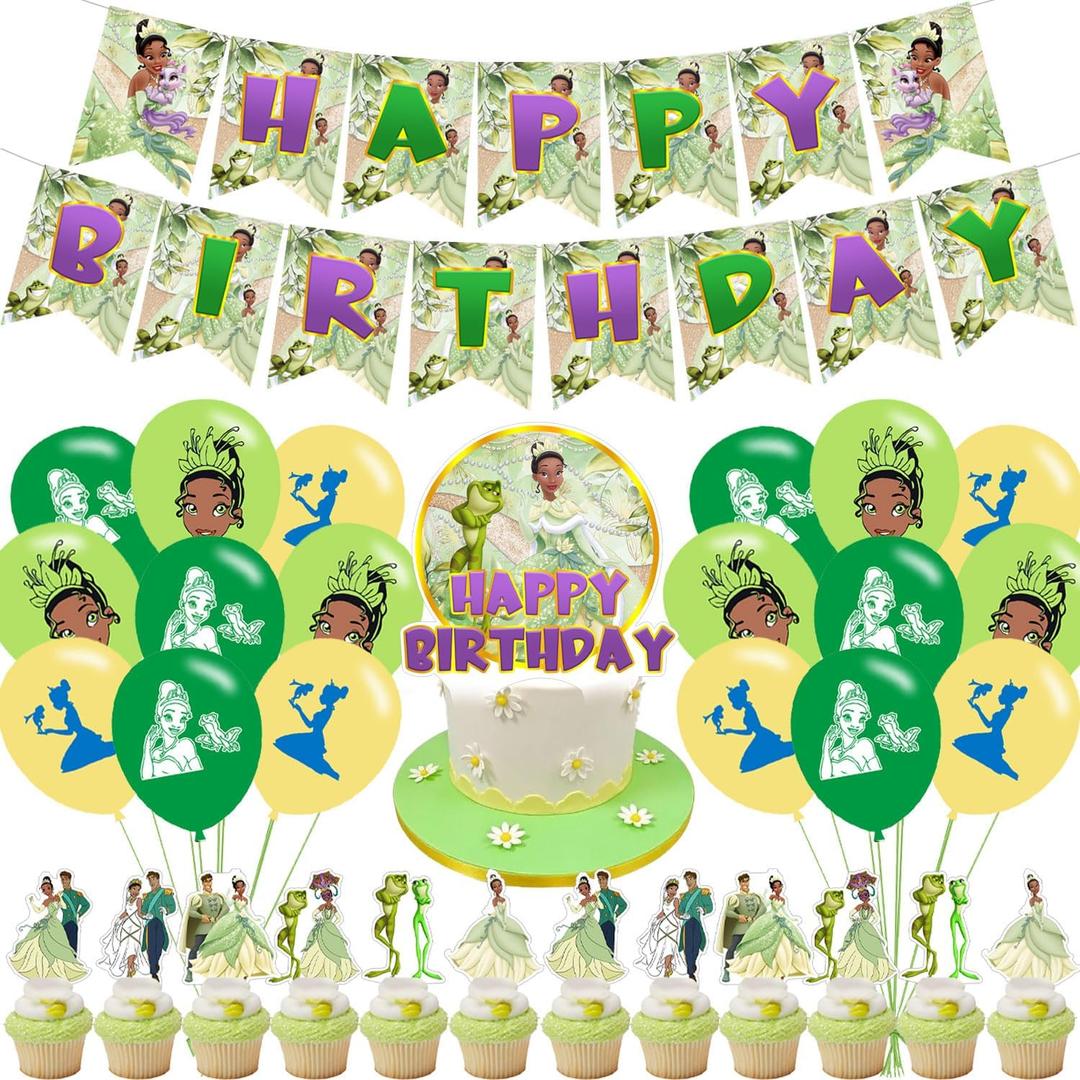 Princess Party Decorations,Princess Tiana Birthday Party Supplies Includes Banner- Cake Topper - 24 Cupcake Toppers - 18 Balloons