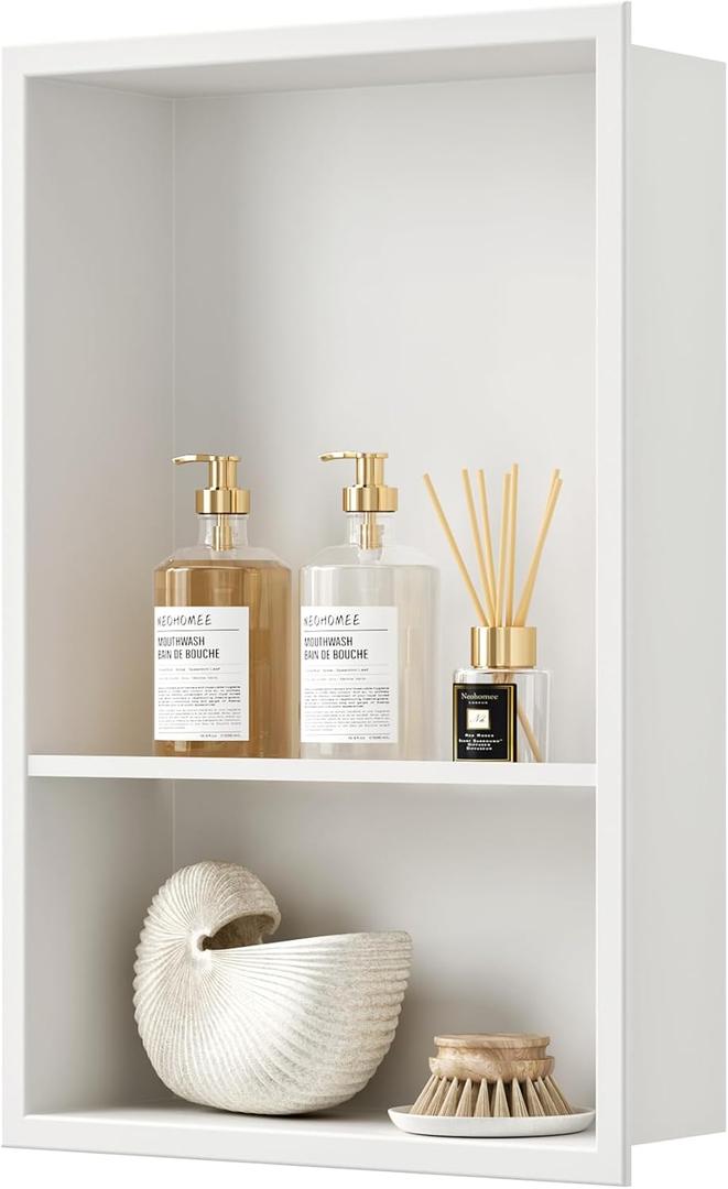 Neodrain 12X18 Inch White Double Shelf Stainless Steel Shower Niche, No Tile Needed Bathroom Shelf, Two Layer Recessed Built-in Wall Niche