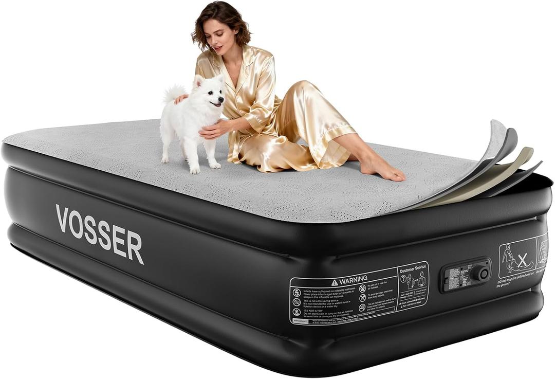 VOSSER Air Mattress with Built-in Pump, Twin 18'' Foam Topper Blow Up Mattress,Luxury Inflatable Mattress 2 Mins Self-Inflation/Deflation - Breathable and Flatness-Free for Camping, Home & Guests