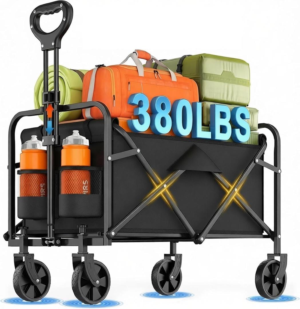 Collapsible Wagon Cart Foldable Beach Wagon with All-Terrain Wheels - 380 LBS Heavy Duty Grocery Cart for Shopping, Beach, Camping, Sports, Garden (Black) (Sable)