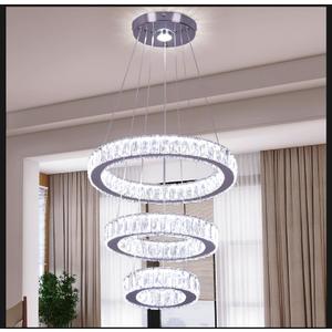Finktonglan 3-Ring Crystal LED Chandelier, Cool White 6500K, 52W Integrated, Adjustable Height & Shapes, K9 Crystal & Stainless Steel Pendant Light for Dining Living Room Foyer, Non-Dimmable