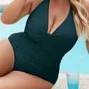 B2prity Women's Plus Size One Piece Swimsuit Tummy Control Ruched Slimming Bathing Suit Halter V Neck Swimwear (Blue), XL