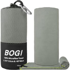 BOGI Microfiber Travel Sports Towel-Quick Dry, Soft Lightweight, Absorbent, Compact for Camping, Gym, Yoga, Swimming, Backpacking (L:60''x30''+16''x16'' - Grey)