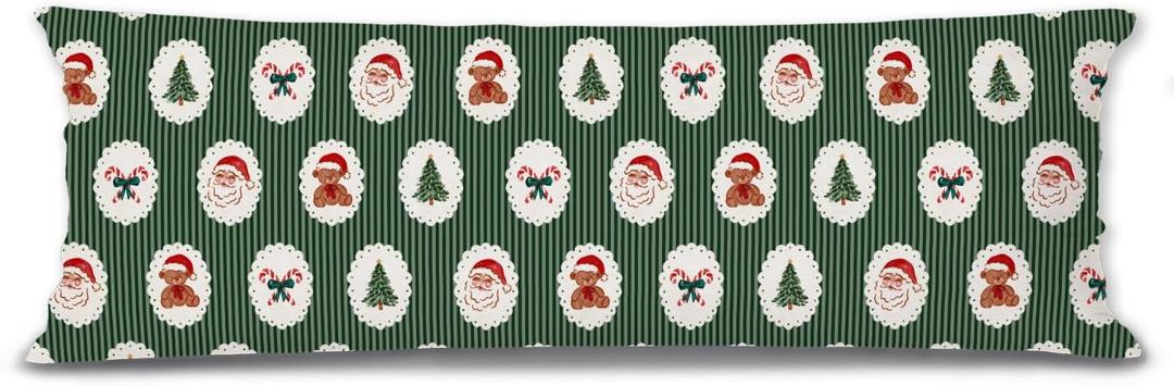 Mancheng-zi Retro Green Christmas 20x54 Body Pillow Cover Pillowcase with Zipper, Preppy Girly Christmas Decor, Vintage Xmas Tree Santa Claus Holiday Decorative Long Hug Pillow Cases for Bed Couch