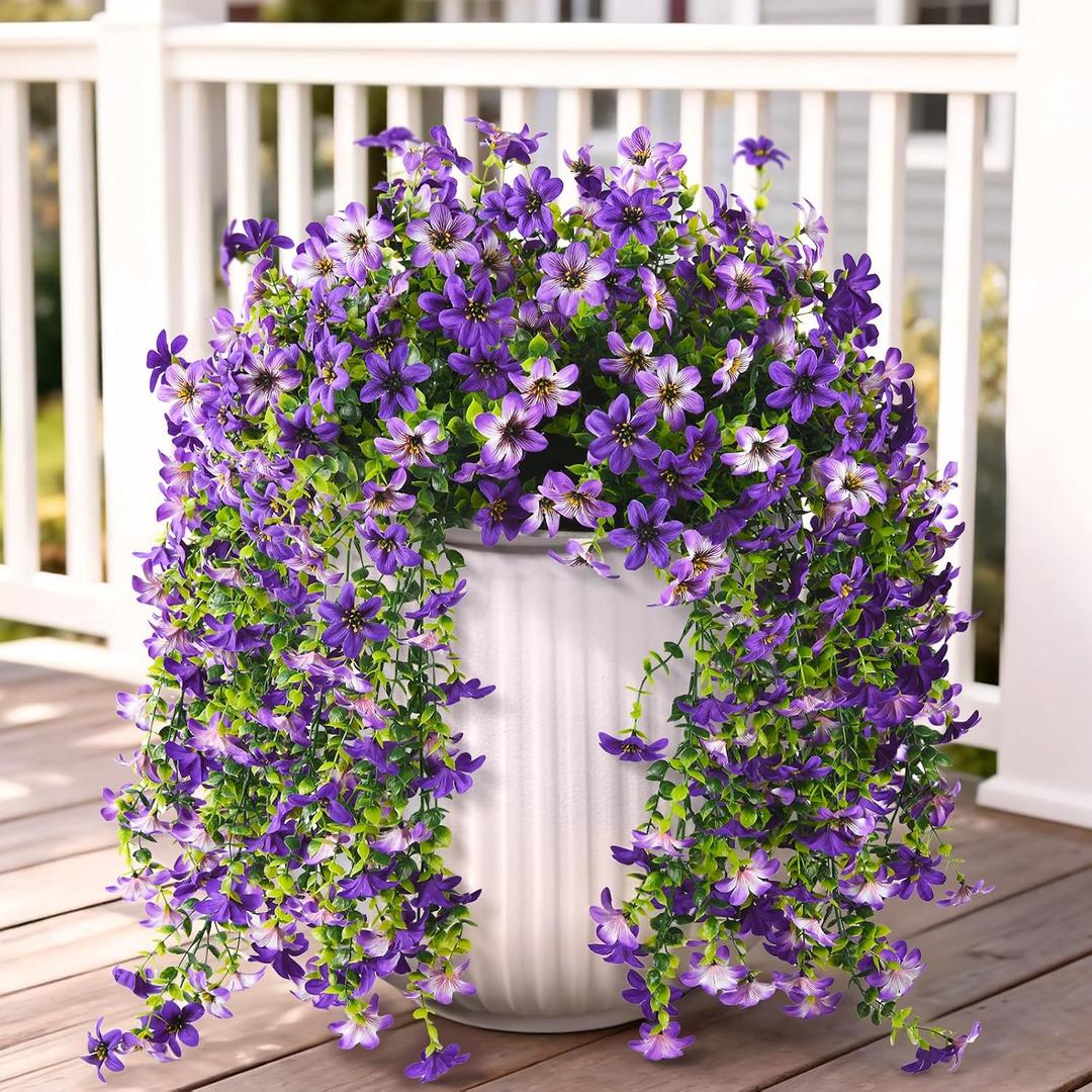 Artificial Hanging Flowers for Outdoors, 2 Pcs Fake Hanging Flowers Spring Summer Decor, UV Resistant Faux Artificial Outdoor Plants for Planter Front Door Porch Patio Garden Yard(Gradient Purple)