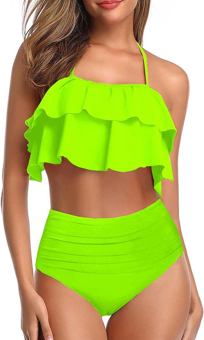 Tempt Me Women Two Piece Swimsuits High Waisted Bikini Teen Ruffle Tummy Control Bottoms Halter Bathing Suits (Large, Neon Green)
