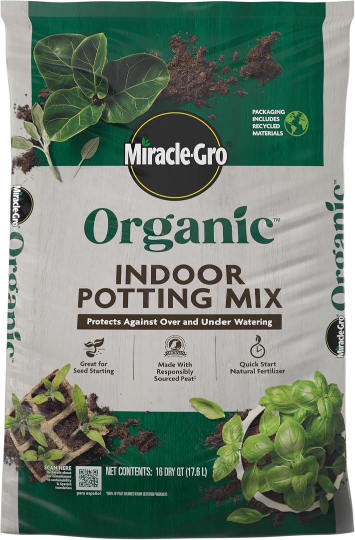 Miracle-Gro Organic Indoor Potting Mix - Protects Against Over and Under Watering, Planting Soil for Indoor Container Plants, Houseplants and Starter Plants, OMRI Listed, 16 qt.