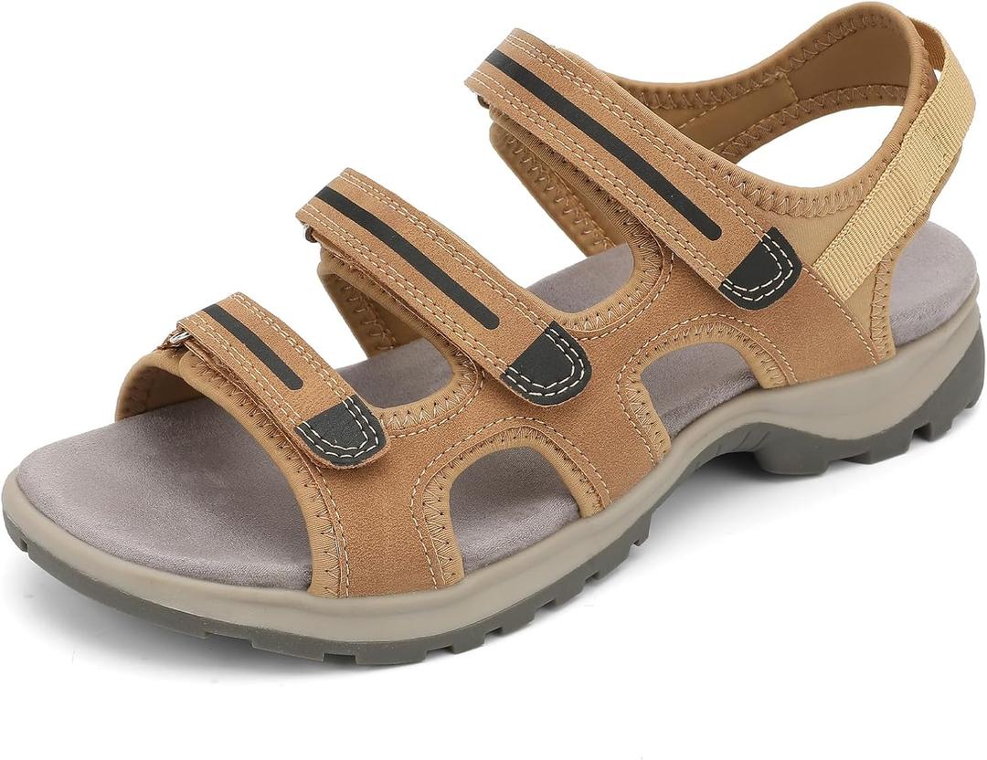 UBFEN Womens Hiking Walking Sandals - Arch Support Open Toe Adjustable Strap Sandals Comfortable Sport Outdoor Shoes (7, Brown)