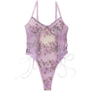 Lilosy Women Sexy Lace Up Floral Embroidered Teddy Lingerie Bodysuit Top Mesh Sheer One Piece, Medium