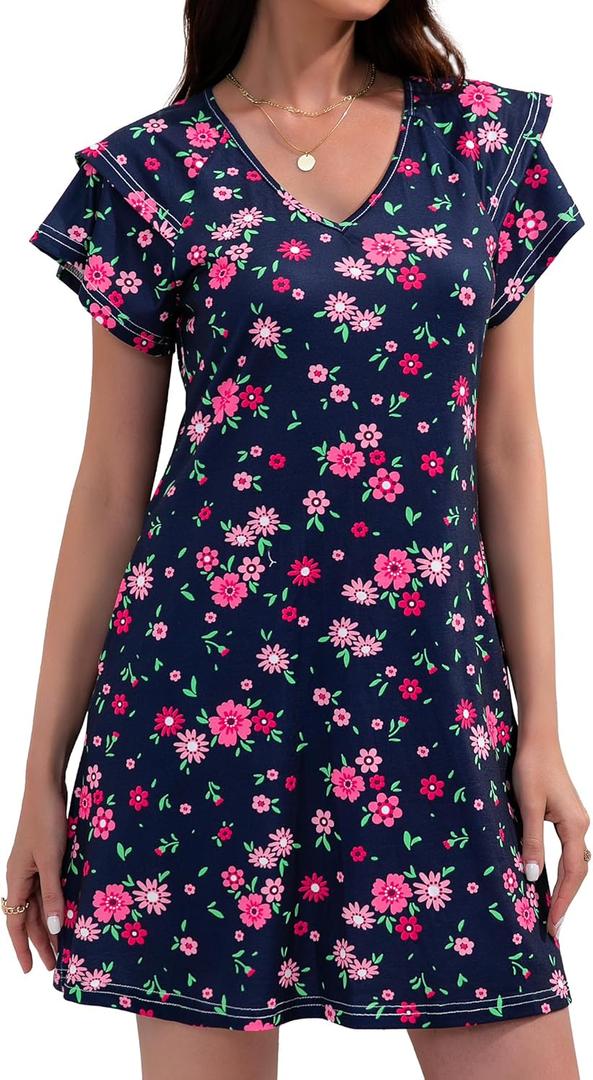 Summer Dresses for Women 2025 Beach Casual Sundress Floral V Neck A-line Dress Short Ruffle Sleeve Boho Dresses with Pockets