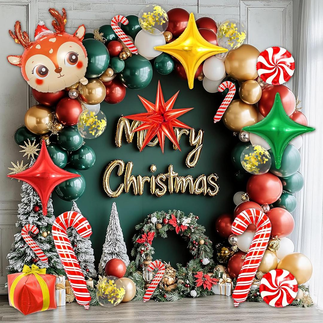 149 PCS Christmas Balloon Garland Arch Kit, Classic Red Green Gold White Latex Christmas Balloons with Gift Box Red Star Candy Cane Foil Balloons