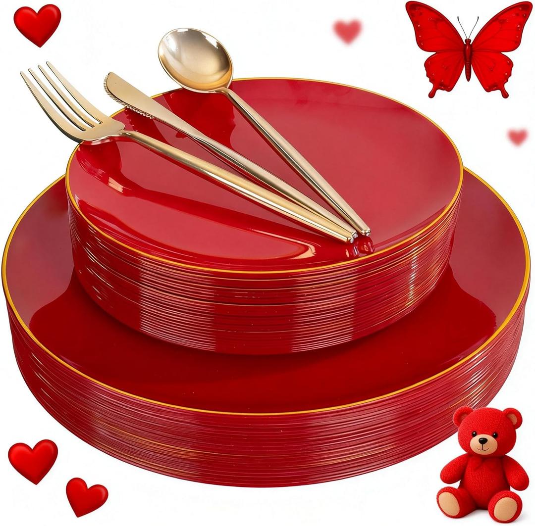 I00000 150Pcs Red Plastic Plates with Gold Rim,Fancy Plastic Plates,Nice Disposable Plates Set include 30 Dinner Plate,30 Dessert Plate, 90 plastic Silverware Set for Valentine's Day