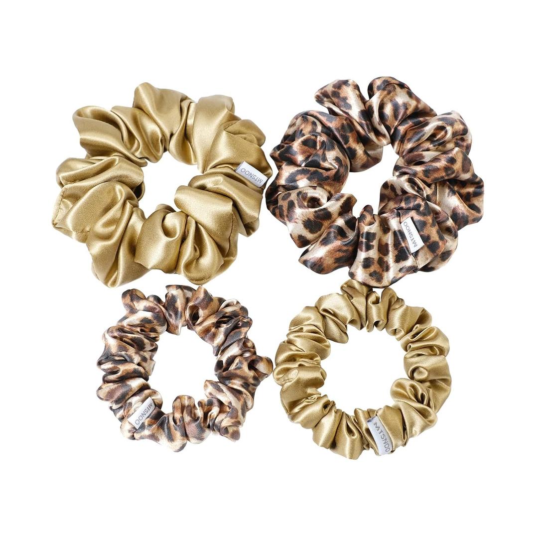 MTSNOO Silk Scrunchies, 100% Pure 22 Momme Mulberry, 4 Pack, Gold Leopard, for Curly Hair Care, Hair Ties for Women and Girls, Unique Gift