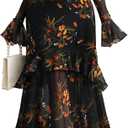 GothDark Womens Floral Maxi Dress Sheer Mesh Bell Sleeve Tiered Ruffle Gothic Romantic Casual Long Dresses (Black, M)