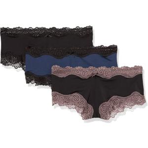 Maidenform Women's Hipster Underwear, Low-rise Cheeky Panty, Scalloped Lace Hipster Panty, 3-pack (Medium, Black/Navy Black/Black Rum Raisin)