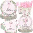 350 Pcs First Communion Decorations Pink First Communion God Bless Plates Napkins Cups Forks Knives Spoons Tableware Set for God Bless Christening Church Baptism Decorations Serves 50