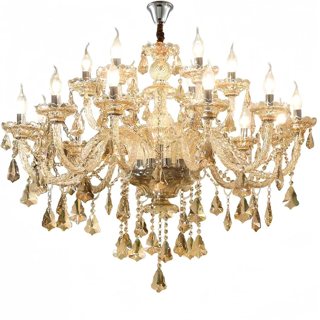 18 Lights Cognac K9 Crystal Chandelier, E12 Bulbs Crystal Ceiling Light Fixture, Luxury Crystal Lamp for Dining Room, Hotels, Living Room, Easy to Install (18-Light)