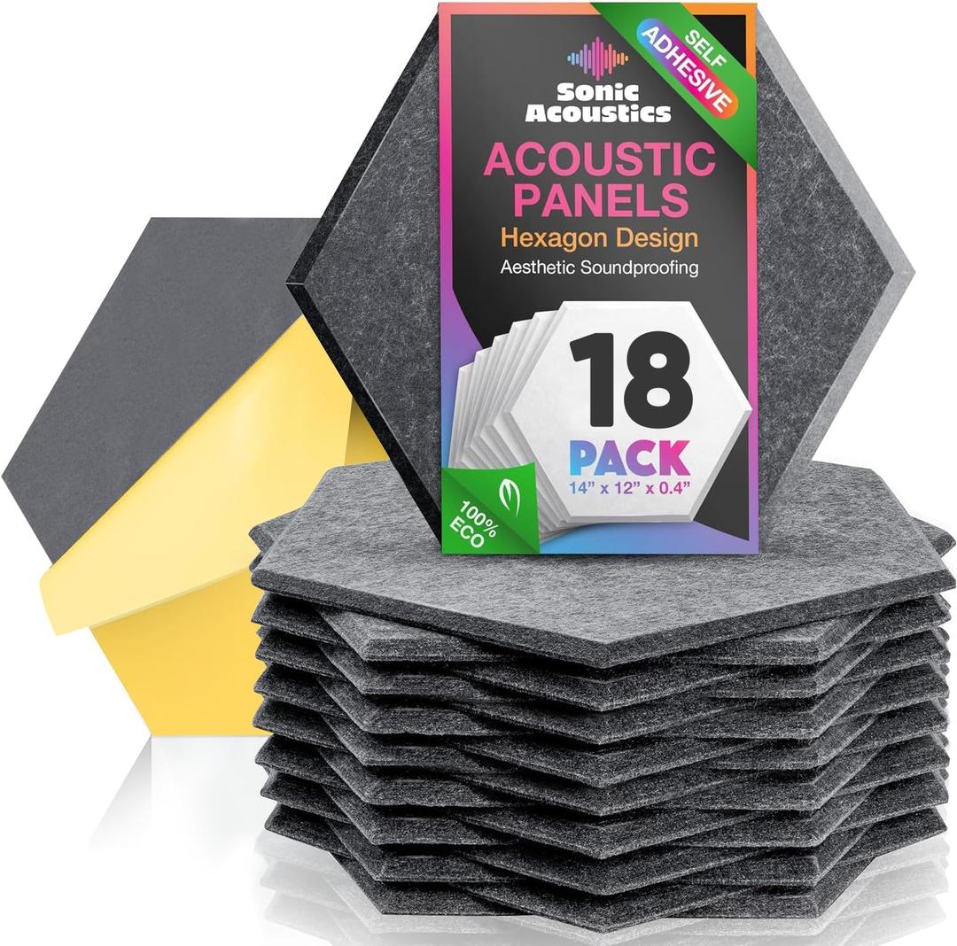 Self-Adhesive 18 Pack Hexagon Acoustic Panels, 14" X 12" X 0.4" High Density Sound Absorbing Panels, Beveled Edge Sound Proof Treatment Tiles for Walls, Studio, Door, Home, Office (Dark Gray)