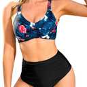 Women's Two Piece Swimsuits Full Coverage Bikini Set Tummy Control Bathing Suit Push Up V Neck Twist Front Swim Suits (Blue Tropical-a) Small