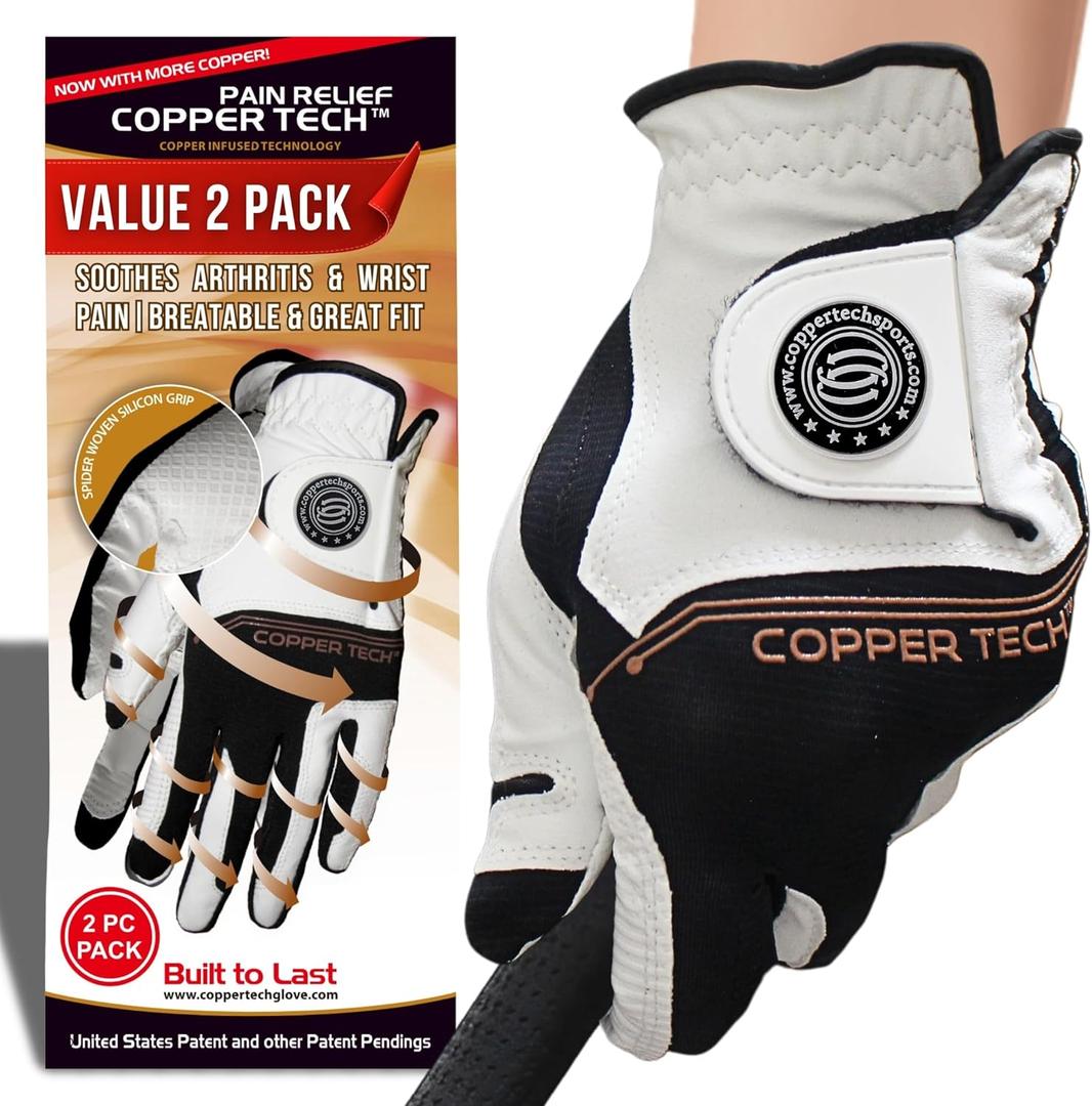 Copper Tech Ladies Golf Gloves Women Right Handed Golfer or Left Handed Golfer 2 Pack | Copper Compression Joint Support with Flexible & Comfortable Fit | AAA Leather & Silicone Tacky Pad (White/Black)