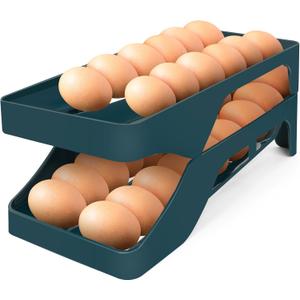 Egg Holder for Fridge Automatic Rolling Egg Dispenser for Refrigerator Kitchen Countertop - Space-saving Egg Roller/Organizer/Storage/Container/Tray for Fridge Double Track (Dark Blue)