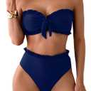 SOLY HUX Women's Bandeau Bikini Set Tie Knot Front Frill Strapless High Waisted Bathing Suit Two Piece Swimsuit (Plain Dark Blue, XL)