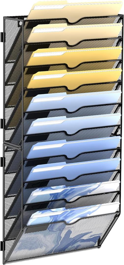 DALTACK Wall File Organizer, 10 Tier Hanging File Organizer, Mail Organizer Wall Mounted for Papers Folders Clipboard Magazine, Office Cubicle Organization & Storage, Assembly Needed, Mesh Black