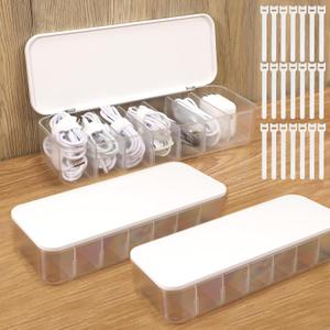 Cable Organizer Box with Lid, 3 Pcs Cable Cord Storage Organizer Box with 21 Wire Ties 54 Cable Labels, 7 Compartments Charger Organizer for Office Drawer Desk Accessories Case (White)