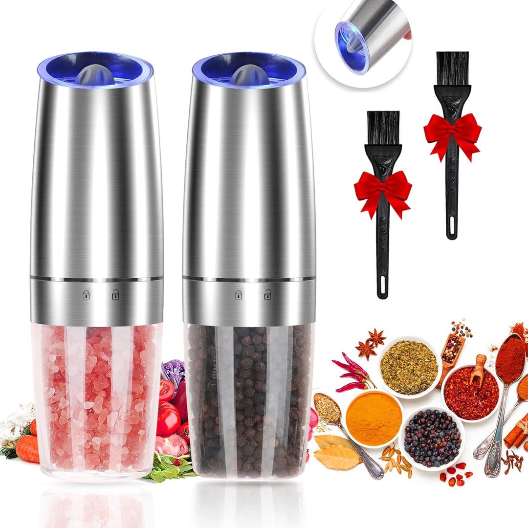 Gravity Electric Pepper and Salt Grinder Set, Adjustable Coarseness, Automatic Shakers Mill Grinder with LED Light, Battery Powered, Upgraded Larger Capacity, One Hand Operated (Sliver 2 Pack)
