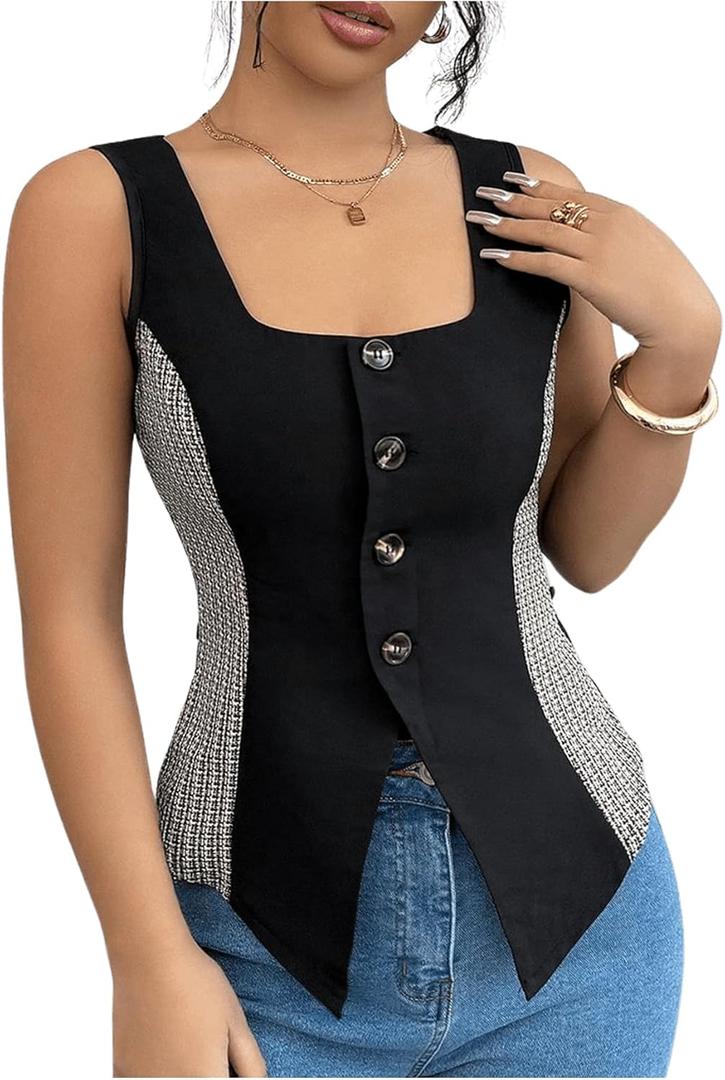 SOLY HUX Women's Color Block Button Down Tank Tops Square Neck Sleeveless Fitted Work Office Tops