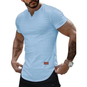 Men's Waffle Henley Shirts Knit Muscle Fitted T Shirt V Neck Longline Tops Gym Workout Athletic Shirt Tees, Size: 2XL