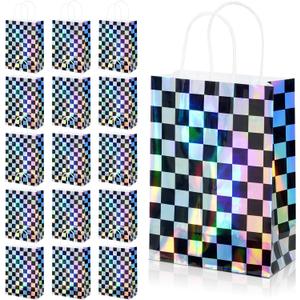 16Pcs Iridescent Checkered Race Car Party Favor Bags, Black and Iridescent Car Goodie Bags with Handles, Laser Plaid Kraft Paper Candy Gift Treat Bags for Kids Fast Race Car Birthday Party Decorations