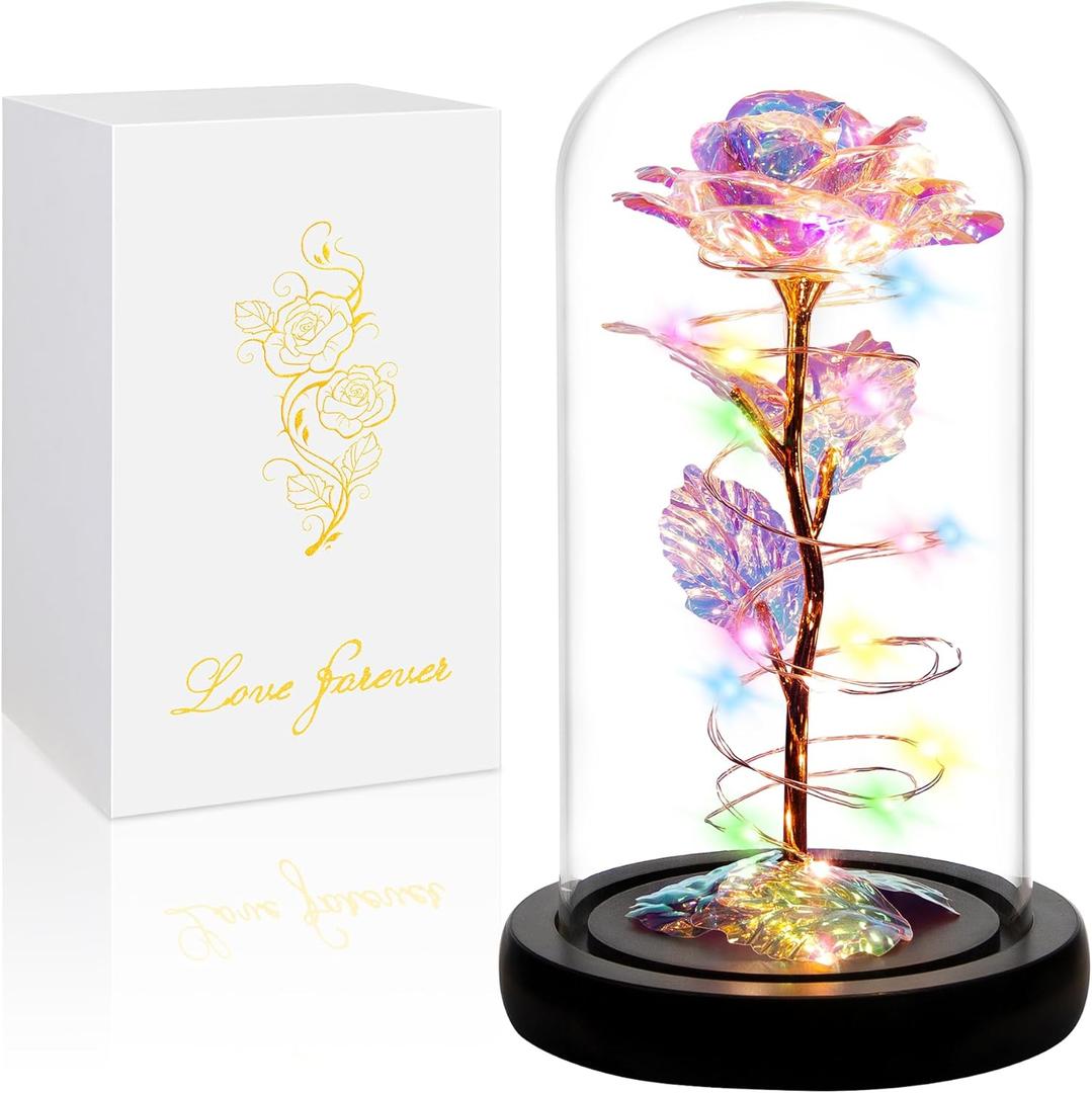 Childom Mothers Day Flowers Gifts for Mom,Birthday Gifts for Women,Rose Flower Mom Gifts for Her Wife Grandma,Colorful Rainbow Light Up Rose in A Glass Dome with Colorful Light for Christmas,Wedding